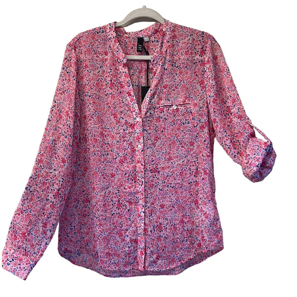 Kut from the Kloth Womens Size M PinkButton Front Long Sleeves Sheer Blouse NEW